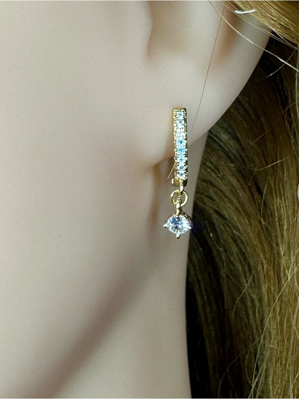 Gold Tone CZ Dangle Huggie Earrings Micro Pave Hoop Minimalist